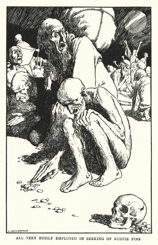 Alle meget travlt beskæftiget med at søge efter rustne stifter (litho) af William Heath Robinson