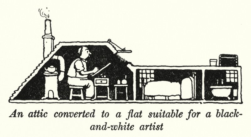 Et loft omdannet til en lejlighed velegnet til en sort-hvid kunstner (litho) af William Heath Robinson
