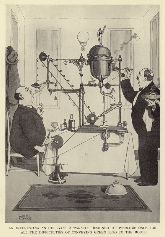 Et interessant og elegant apparat designet til én gang for alle at overvinde vanskelighederne med at formidle grønne ærter til munden af William Heath Robinson