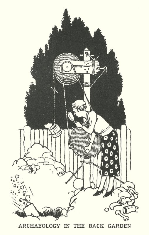 Arkæologi i baghaven (litho) af William Heath Robinson