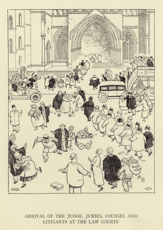 Ankomst af dommer, nævninge, advokater og procesdeltagere til domstolene af William Heath Robinson