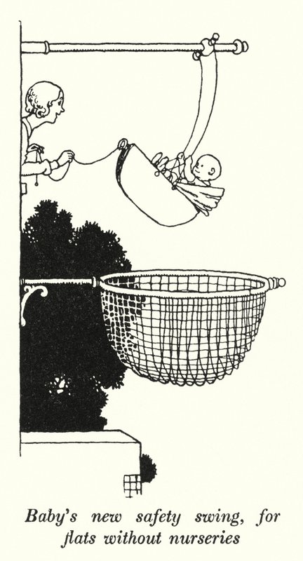 Babys nye sikkerhedsgynge, til lejligheder uden børneværelser (litho) af William Heath Robinson