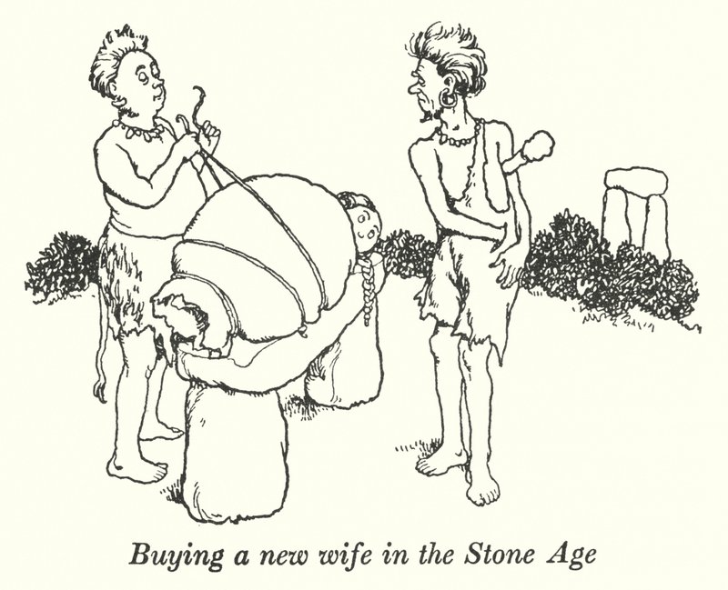 Køb af en ny kone i stenalderen (litho) af William Heath Robinson