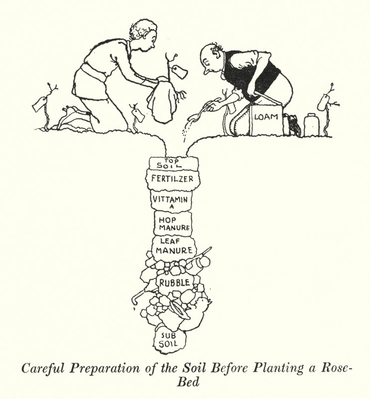 Omhyggelig forberedelse af jorden før plantning af et rosenbed (litho) af William Heath Robinson