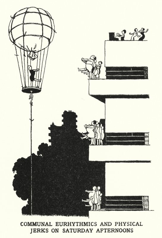 Fælles eurhytmik og fysiske ryk lørdag eftermiddag (litho) af William Heath Robinson