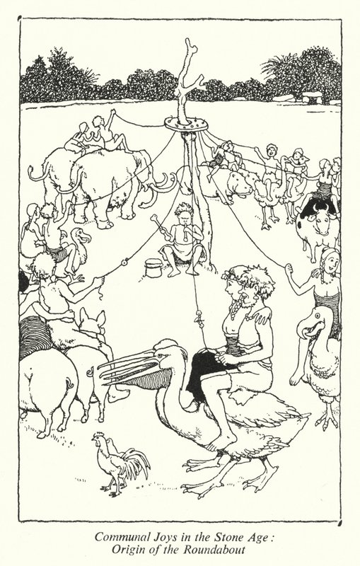 Fælles glæder i stenalderen, rundkørslens oprindelse (litho) af William Heath Robinson
