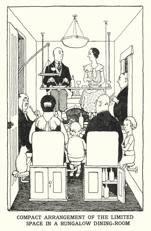 Kompakt arrangement af den begrænsede plads i en bungalow-spisestue (litho) af William Heath Robinson