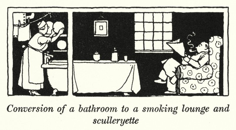 Ombygning af badeværelse til rygestue og bryggers (litho) af William Heath Robinson