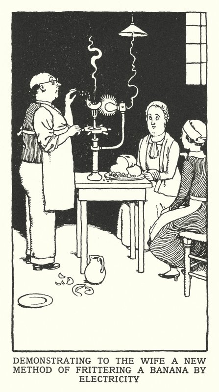 Demonstrerer for konen en ny metode til at frittere en banan ved hjælp af elektricitet (litho) af William Heath Robinson