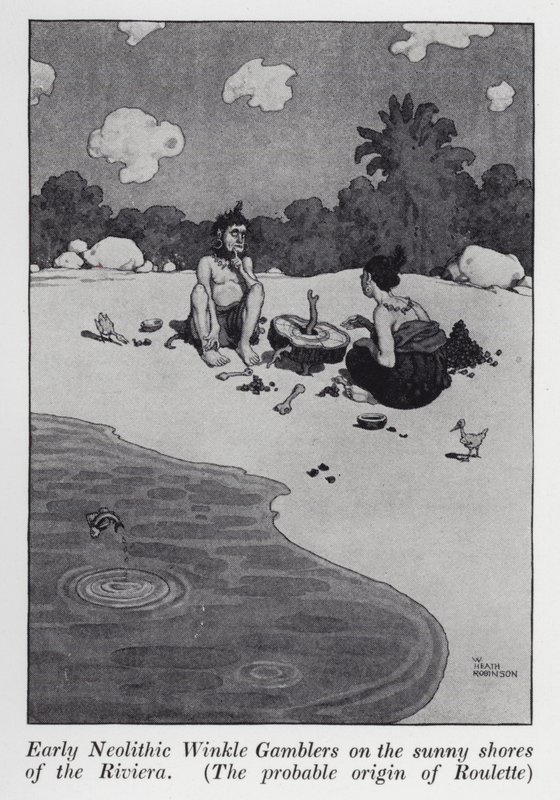 Tidlige neolitiske Winkle Gamblers på Rivieraens solrige kyster, Roulettes sandsynlige oprindelse (litho) af William Heath Robinson