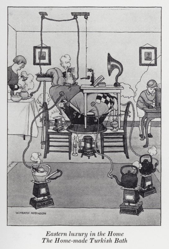 Østlig luksus i hjemmet, det hjemmelavede tyrkiske bad (litho) af William Heath Robinson