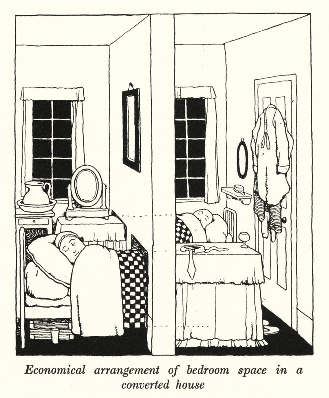 Økonomisk arrangement af soveværelsesplads i et ombygget hus (litho) af William Heath Robinson