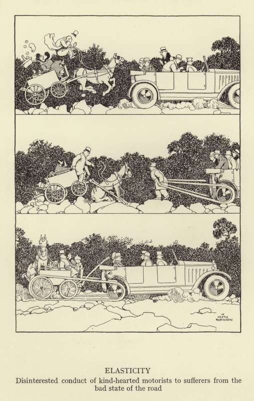 Elasticitet, uinteresseret opførsel af godhjertede bilister til lider af vejens dårlige tilstand af William Heath Robinson
