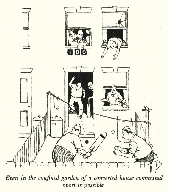 Selv i den lukkede have i et ombygget hus er fællessport muligt (litho) af William Heath Robinson
