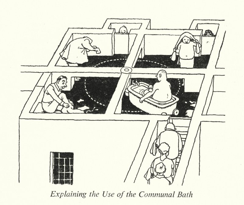 Forklaring af brugen af fællesbadet (litho) af William Heath Robinson