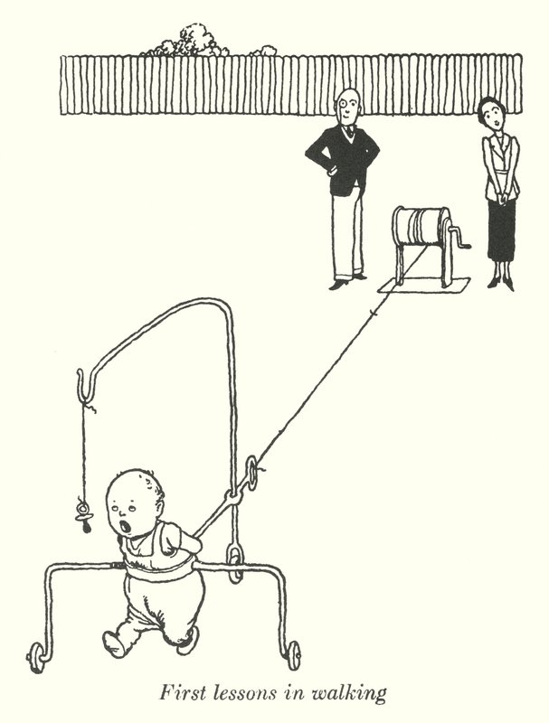 Første lektioner i gang (litho) af William Heath Robinson