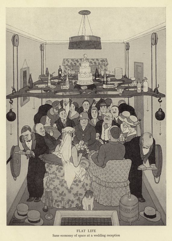 Fladt liv, fornuftig pladsøkonomi ved en bryllupsreception af William Heath Robinson