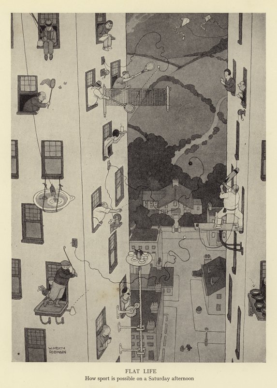 Fladt liv, hvordan sport er muligt på en lørdag eftermiddag af William Heath Robinson