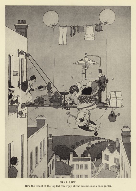 Fladt liv, hvordan lejeren af den øverste lejlighed kan nyde alle faciliteterne i en baghave af William Heath Robinson
