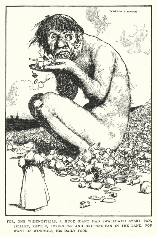For med et bredt næsebor havde en kæmpe kæmpe slugt hver gryde, stegepande, kedel, stegepande og drypgryde i landet, af mangel på vindmøller, hans daglige mad (litho) af William Heath Robinson