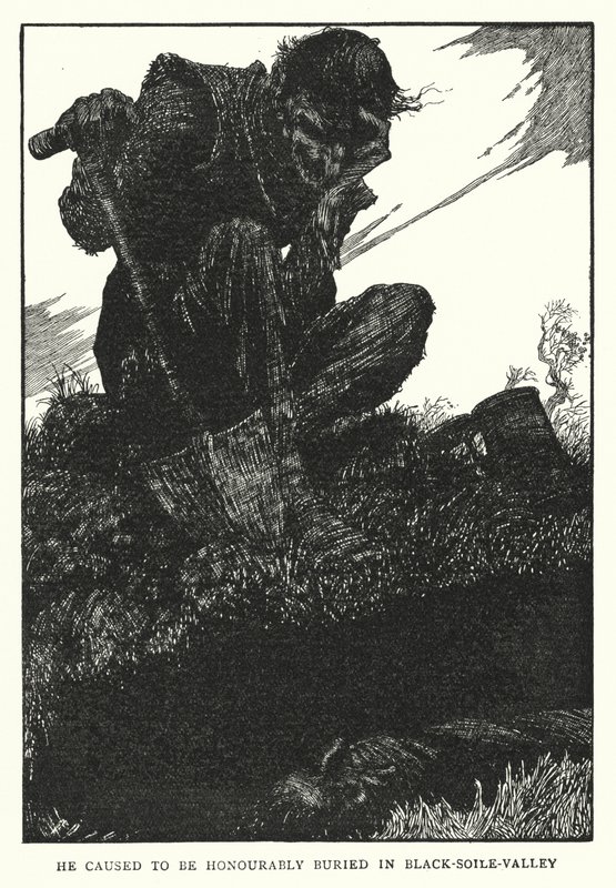 Han fik til at blive ærefuldt begravet i Black-soile-dal (litho) af William Heath Robinson