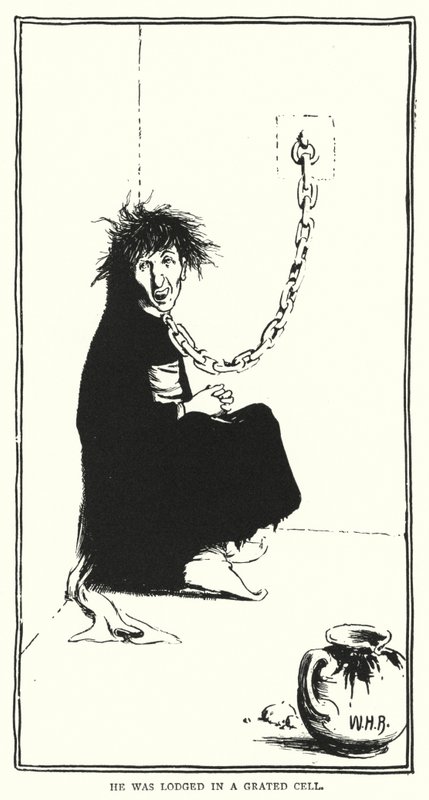 Han blev anbragt i en revet celle (gravering) af William Heath Robinson