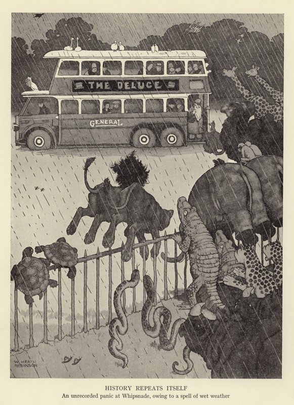 Historien gentager sig selv, en uregistreret panik ved Whipsnade, på grund af en periode med vådt vejr af William Heath Robinson