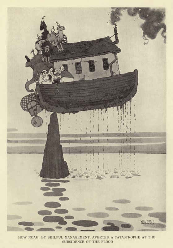 Hvordan Noa ved dygtig ledelse afværgede en katastrofe ved synkningen af syndfloden af William Heath Robinson