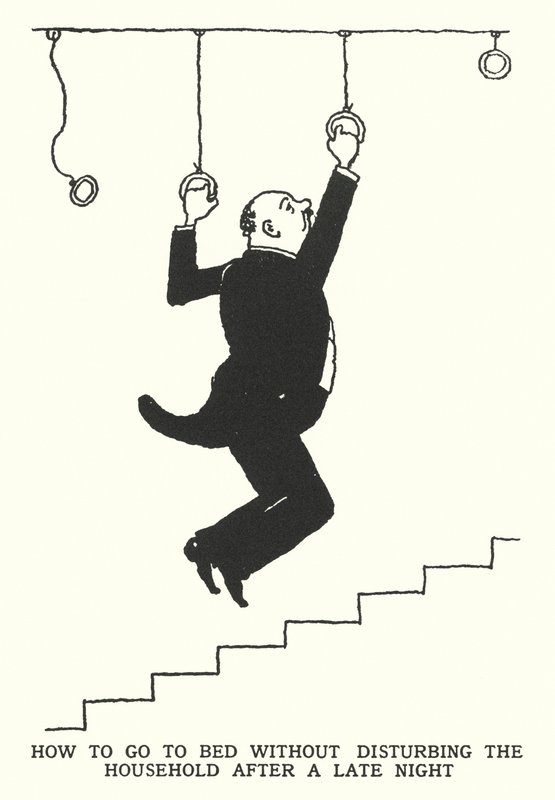 Sådan går du i seng uden at forstyrre husstanden efter en sen nat (litho) af William Heath Robinson