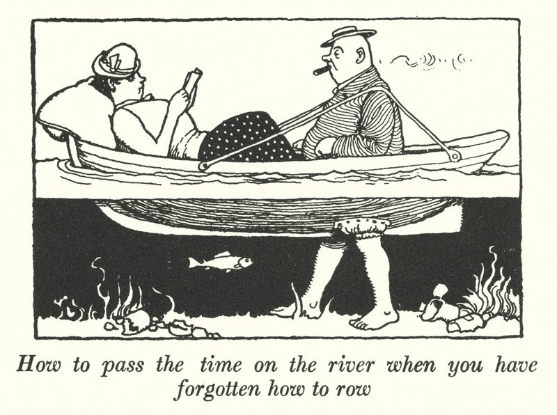 Sådan fordriver du tiden på floden, når du har glemt, hvordan du ror (litho) af William Heath Robinson