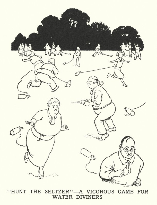 "Hunt the Seltzer", et energisk spil for vandspånere (litho) af William Heath Robinson