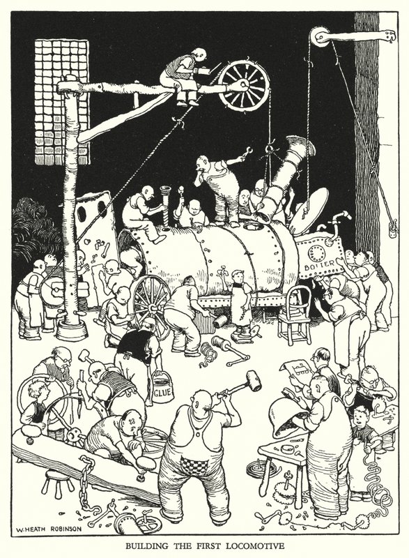 Illustration til Railway Ribaldry af W Heath Robinson (litho) af William Heath Robinson