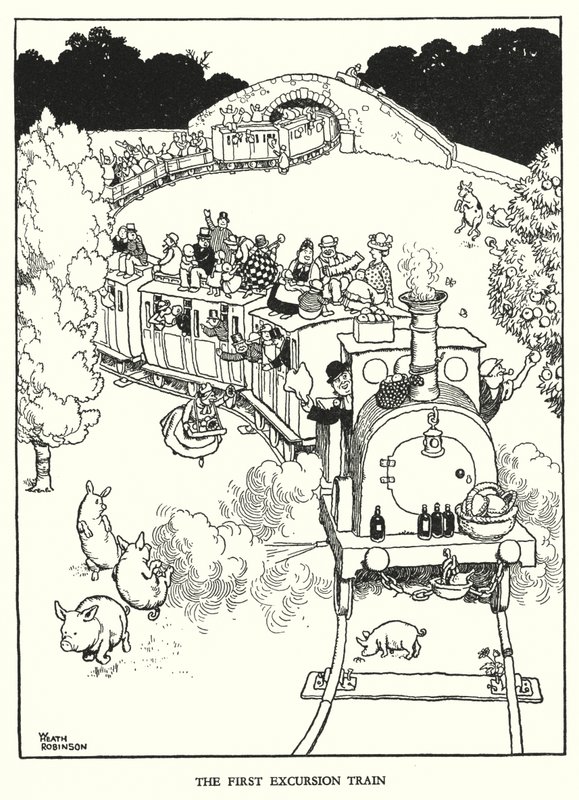 Illustration til Railway Ribaldry af W Heath Robinson (litho) af William Heath Robinson