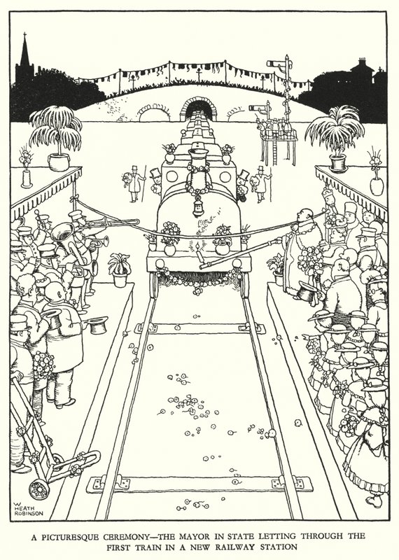 Illustration til Railway Ribaldry af W Heath Robinson (litho) af William Heath Robinson