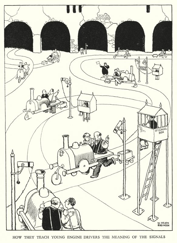 Illustration til Railway Ribaldry af W Heath Robinson (litho) af William Heath Robinson