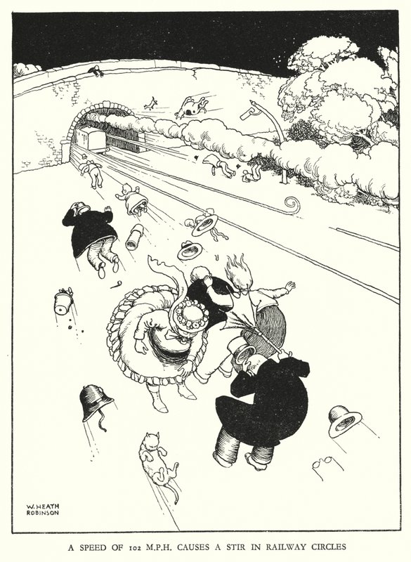 Illustration til Railway Ribaldry af W Heath Robinson (litho) af William Heath Robinson