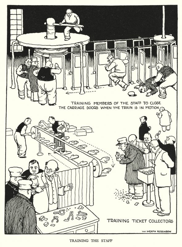 Illustration til Railway Ribaldry af W Heath Robinson (litho) af William Heath Robinson