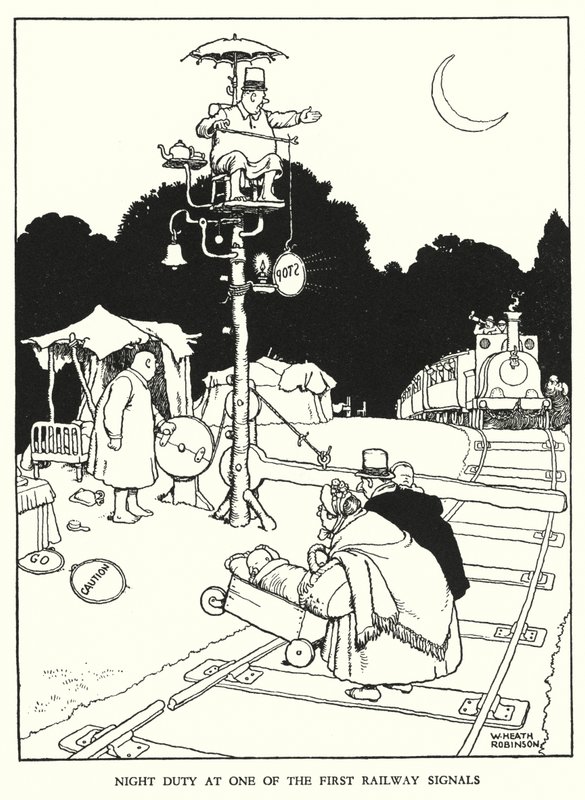 Illustration til Railway Ribaldry af W Heath Robinson (litho) af William Heath Robinson