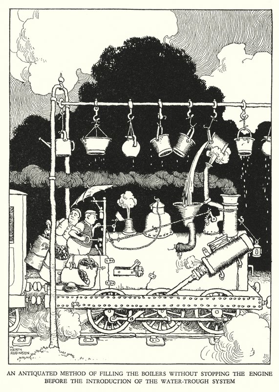 Illustration til Railway Ribaldry af W Heath Robinson (litho) af William Heath Robinson