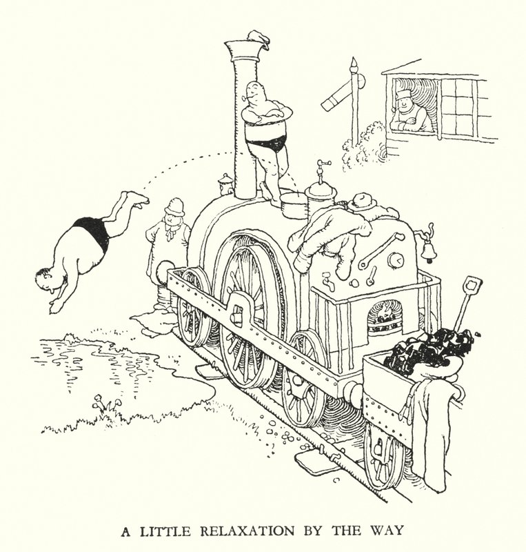 Illustration til Railway Ribaldry af W Heath Robinson (litho) af William Heath Robinson