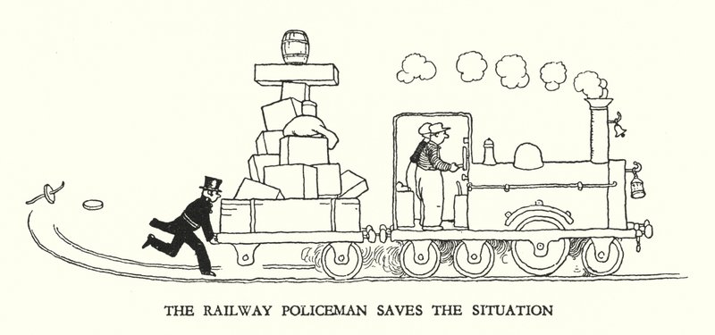 Illustration til Railway Ribaldry af W Heath Robinson (litho) af William Heath Robinson