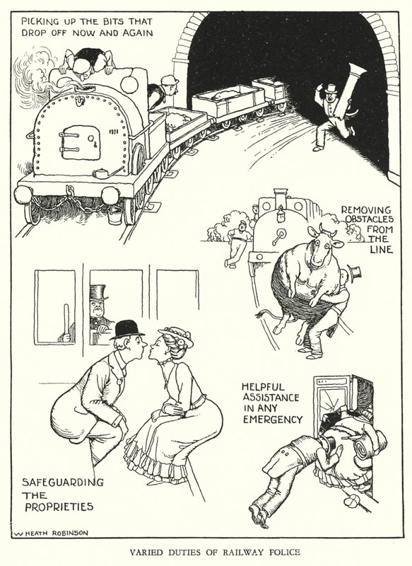 Illustration til Railway Ribaldry af W Heath Robinson (litho) af William Heath Robinson