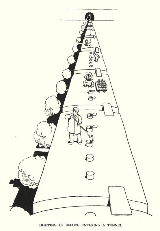 Illustration til Railway Ribaldry af W Heath Robinson (litho) af William Heath Robinson