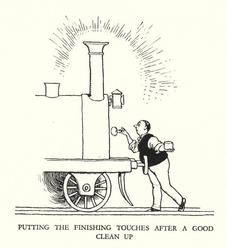 Illustration til Railway Ribaldry af W Heath Robinson (litho) af William Heath Robinson