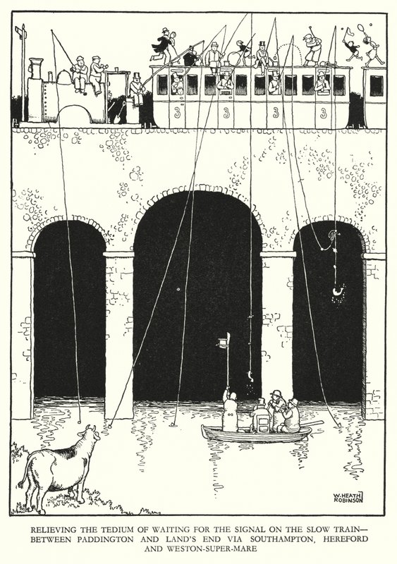 Illustration til Railway Ribaldry af W Heath Robinson (litho) af William Heath Robinson
