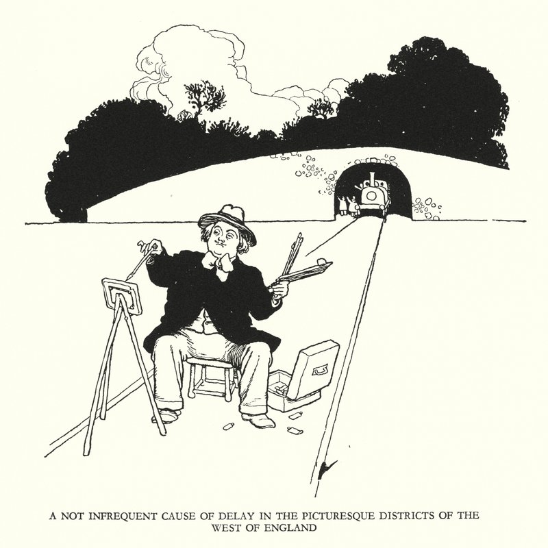 Illustration til Railway Ribaldry af W Heath Robinson (litho) af William Heath Robinson