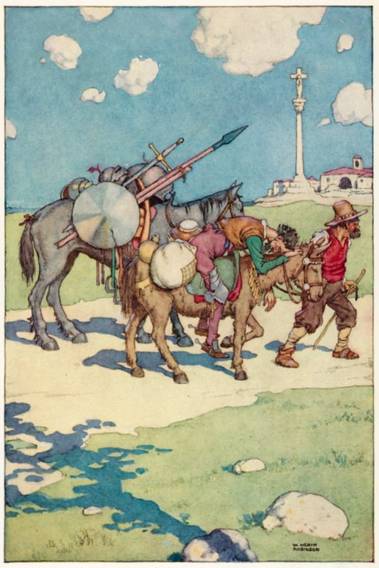 Illustration til Don Quixotes eventyr (farve litho) af William Heath Robinson