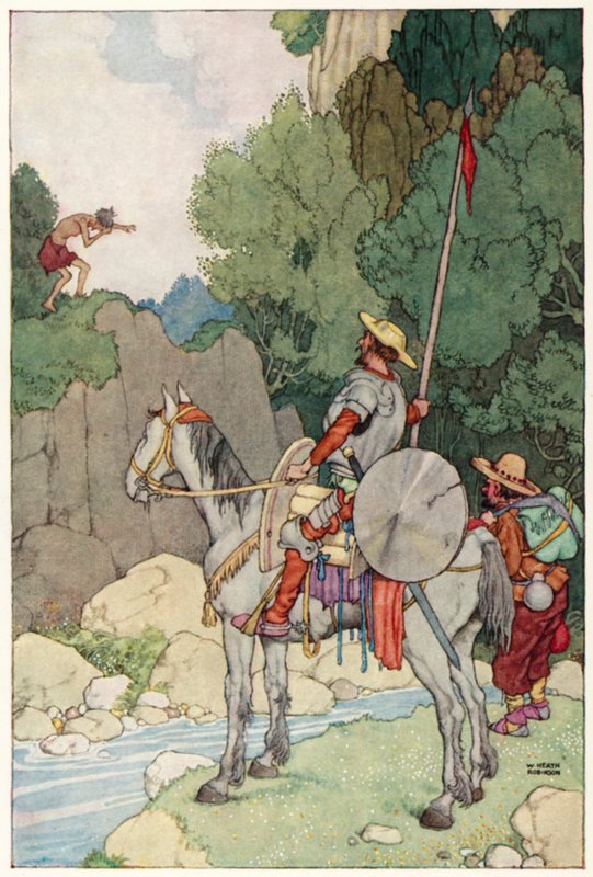 Illustration til Don Quixotes eventyr (farve litho) af William Heath Robinson