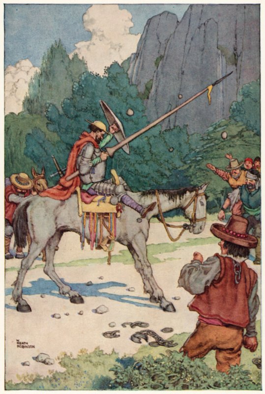 Illustration til Don Quixotes eventyr (farve litho) af William Heath Robinson