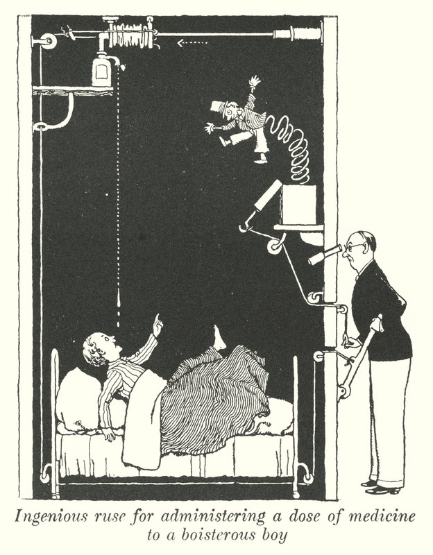 Genial list til at give en dosis medicin til en larmende dreng (litho) af William Heath Robinson